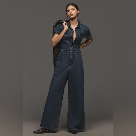 GOOD AMERICAN Fit For Success Pleated Wide Leg Denim Jumpsuit S - Picture 3 of 8
